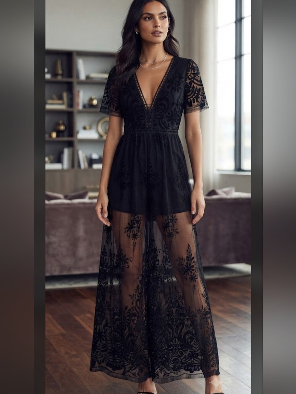 Black Lace V-Neck Sheer Overlay Jumpsuit